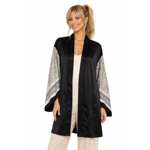 August Moon Intimates 100% Silk Kimono Robe Black White Paisley Size M